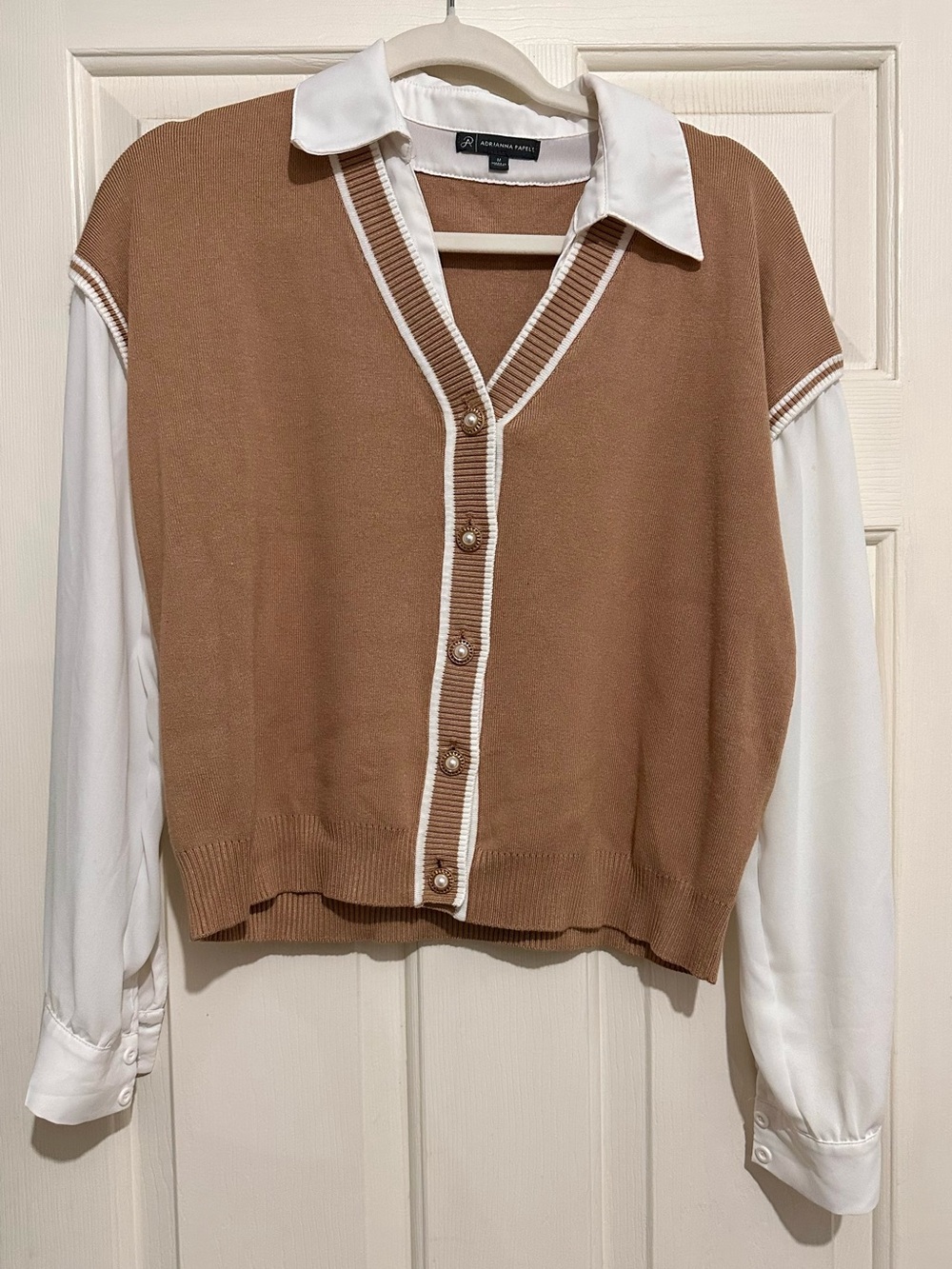 Adrianna Papell Two-fer Camel-Brown Sweater Vest with White Shirt Details